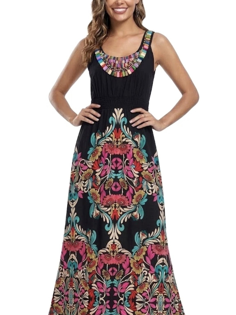 NEW DIRECTIONS Floral BOHO Beaded Women's Maxi Dress Size PM